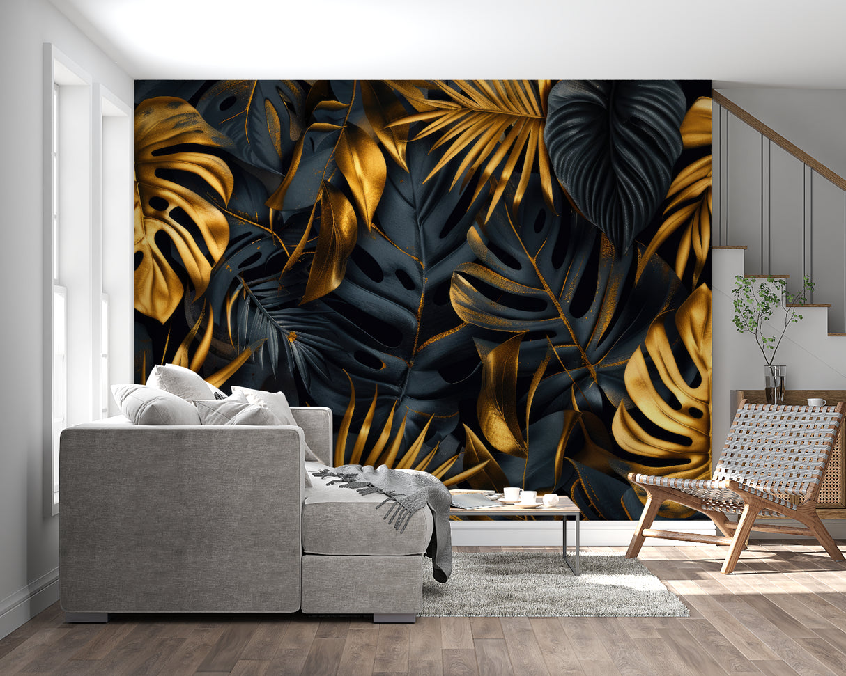 Dramatic black and gold tropical mural in restaurant setting