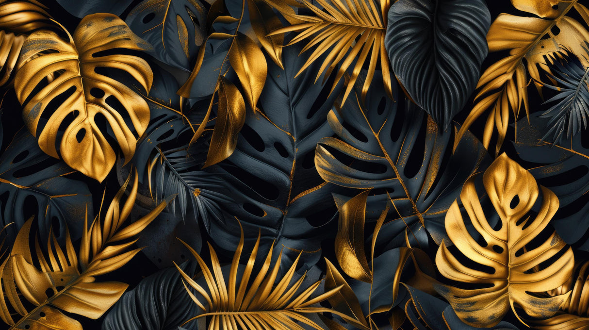 Design file of black and gold Monstera leaf pattern showing intricate detail