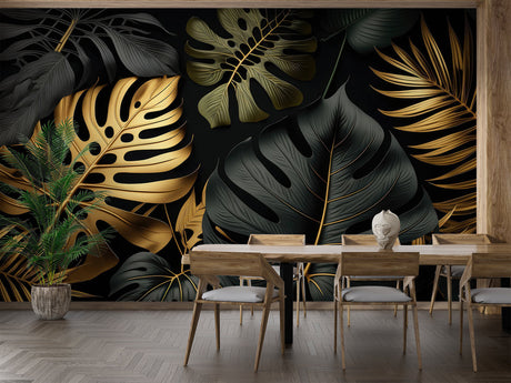Tropical black and gold Monstera leaf wallpaper in modern living room with grey sofa and brass accents