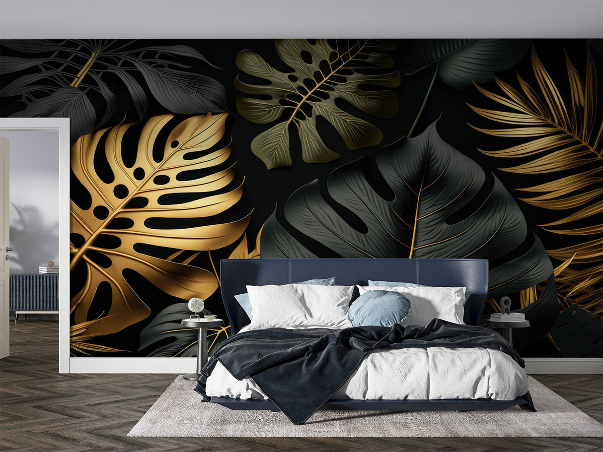 Monstera leaf wallpaper creating elegant dining room accent wall with gold chandelier