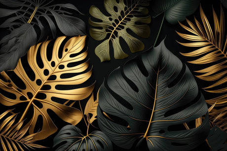 High-resolution design file of black background with detailed gold Monstera leaf pattern