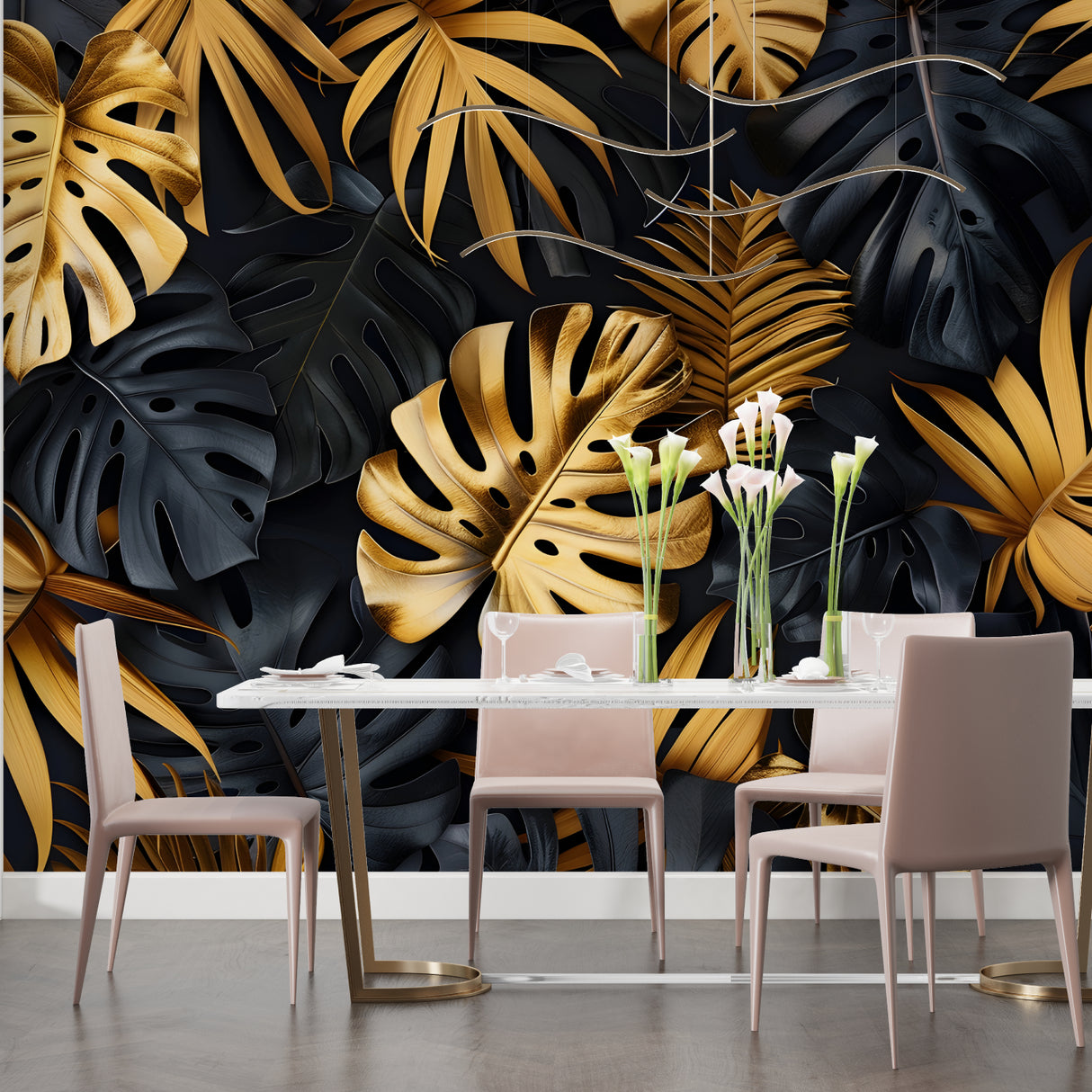 Luxury Monstera wallpaper featured in master bedroom with gold accents