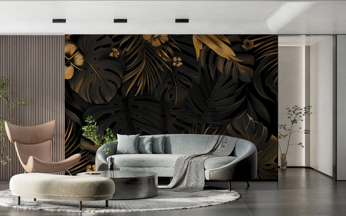 Tropical wall mural with gold accents making a bold statement in a master bedroom setting