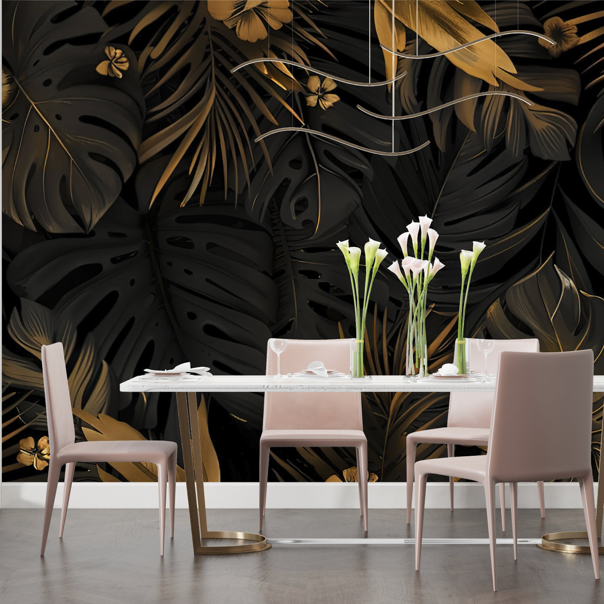 Luxury black and gold leaf wallpaper bringing elegance to a dining room space