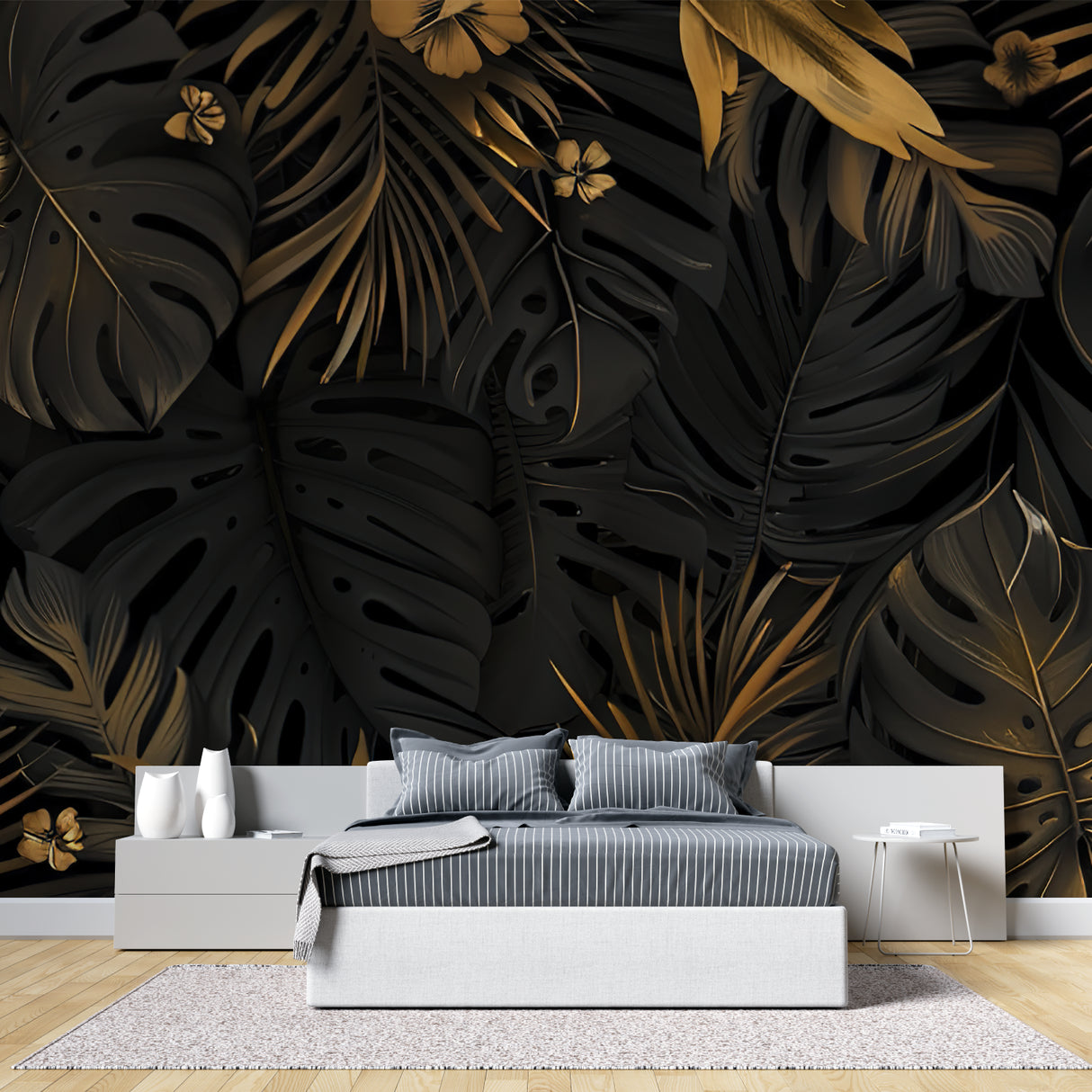 Monstera leaf mural adding sophistication to a home office with dark furniture