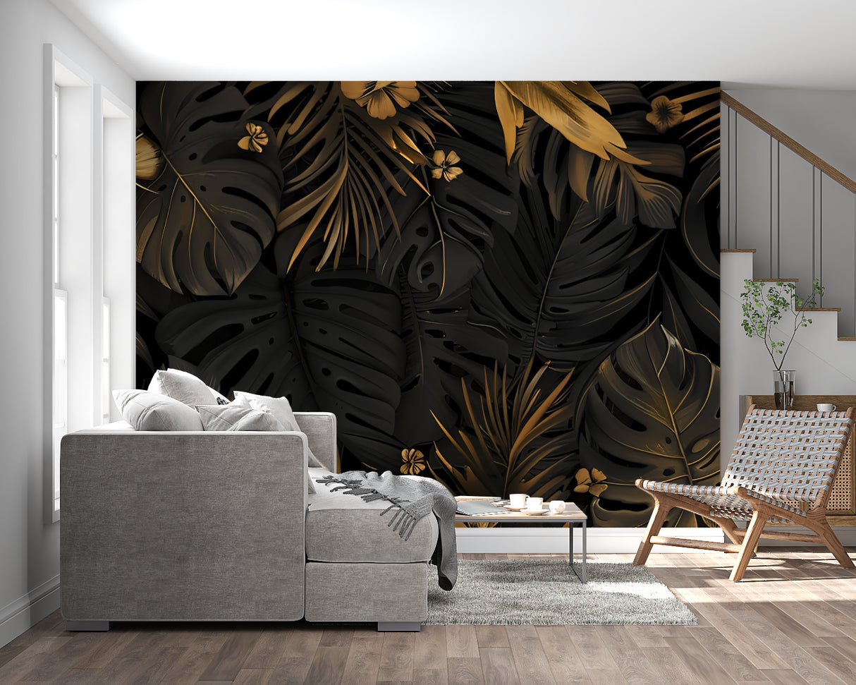 Black and gold botanical wallpaper transforming an entrance hall with dramatic flair