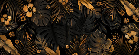 Design file showing detailed black and gold Monstera leaf pattern on dark background