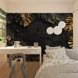 Tropical black and gold wallpaper making a statement in master bedroom with white bedding
