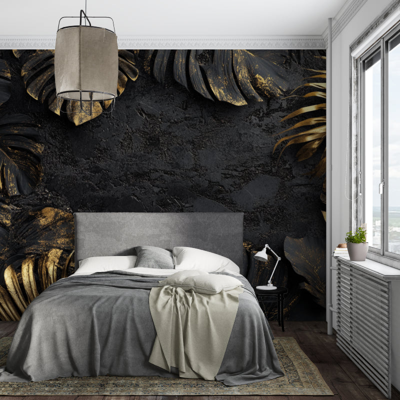 Luxury Monstera leaf mural in home office with wooden desk and black chair