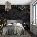 Luxury Monstera leaf mural in home office with wooden desk and black chair