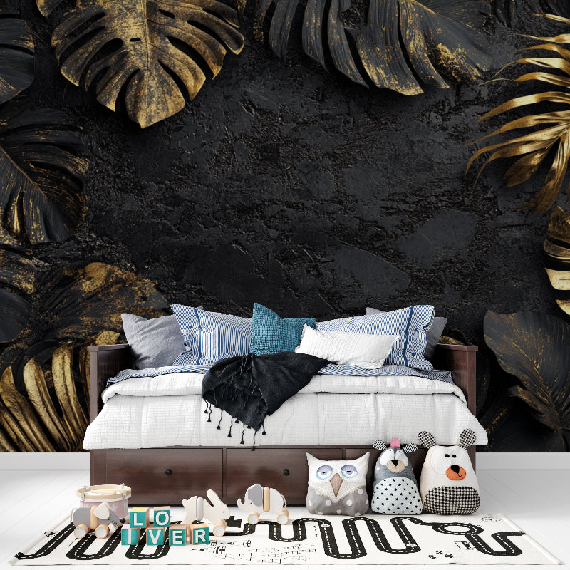 Black and gold tropical wallpaper in dining room with crystal chandelier
