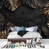 Black and gold tropical wallpaper in dining room with crystal chandelier