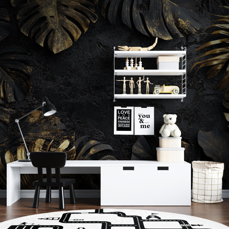 Monstera leaf wallpaper adding drama to hallway with modern furniture