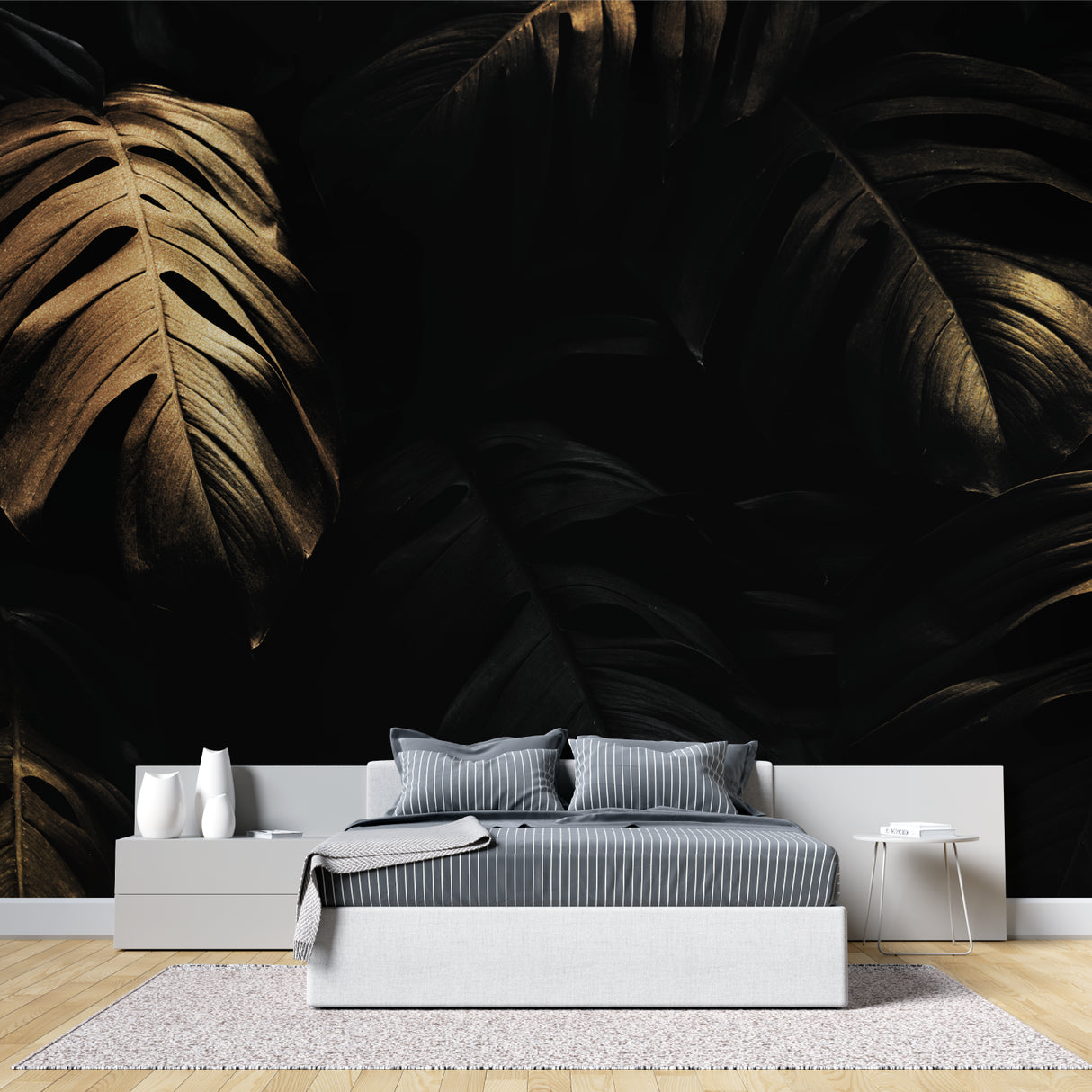 Monstera leaf wallpaper making statement in luxury master bedroom