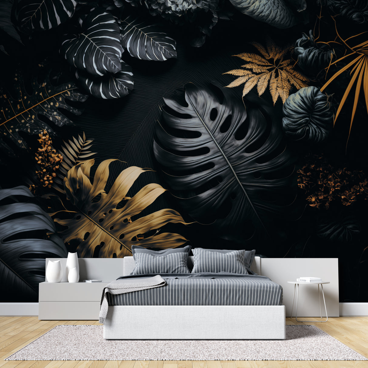 Tropical black and gold wallpaper creating dramatic backdrop in master bedroom with pendant lights