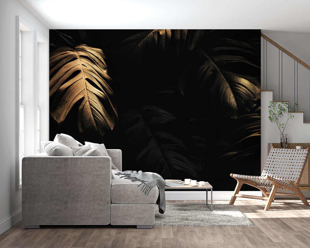 Gold botanical wallpaper brightening dark dining room wall