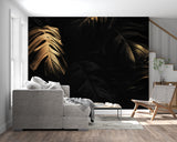 Gold botanical wallpaper brightening dark dining room wall