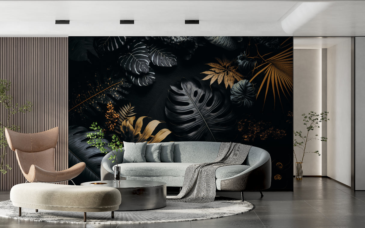 Dark tropical wallpaper with gold accents making statement in modern living room setting