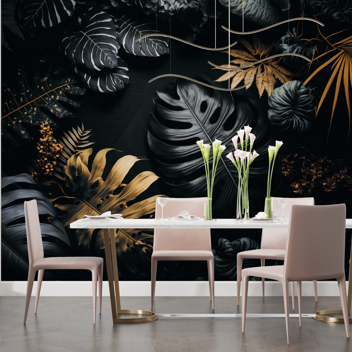 Botanical black and gold mural creating cozy atmosphere in reading nook with accent chair