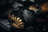 Black and gold Monstera leaf wallpaper design file showing intricate botanical pattern and metallic details