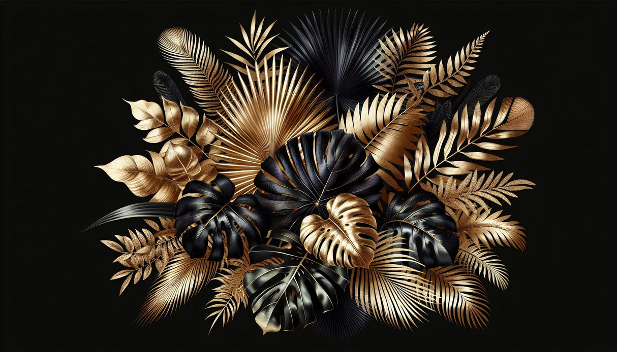 Black and gold tropical leaf wallpaper creating drama in a modern dining room with pendant lights