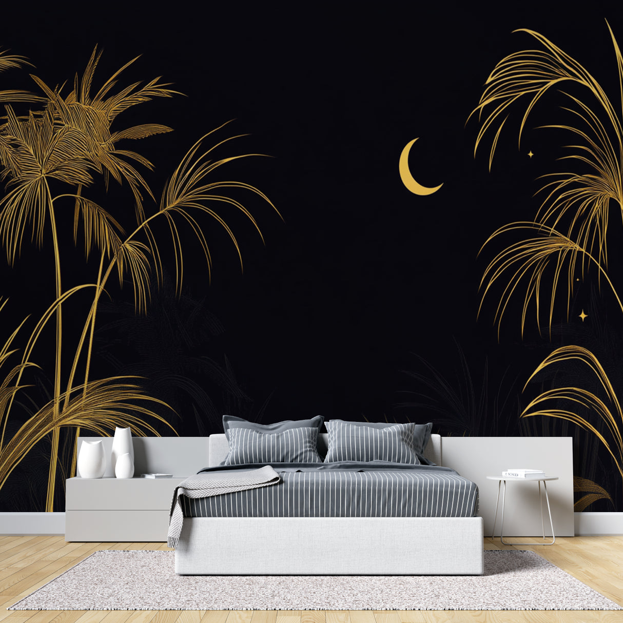 Gold palm leaf mural with moon design adding luxury to master bedroom