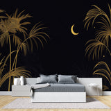 Gold palm leaf mural with moon design adding luxury to master bedroom