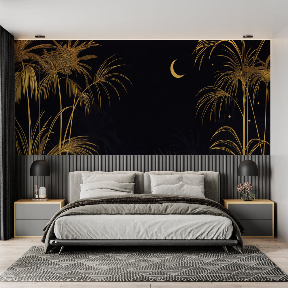 Black and gold tropical wallpaper making statement in dining room