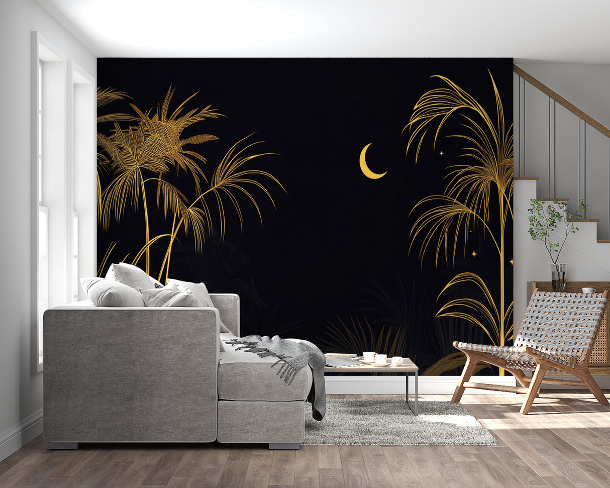 Night scene palm wallpaper bringing elegance to home office space