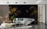 Metallic gold palm leaves on black background enhancing hotel lobby