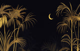 Design file showing detailed black and gold tropical palm pattern with moon motif