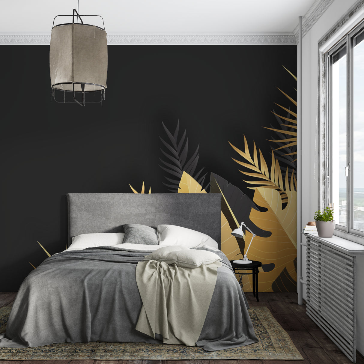 Luxury dining room featuring black and gold palm leaf mural wallpaper