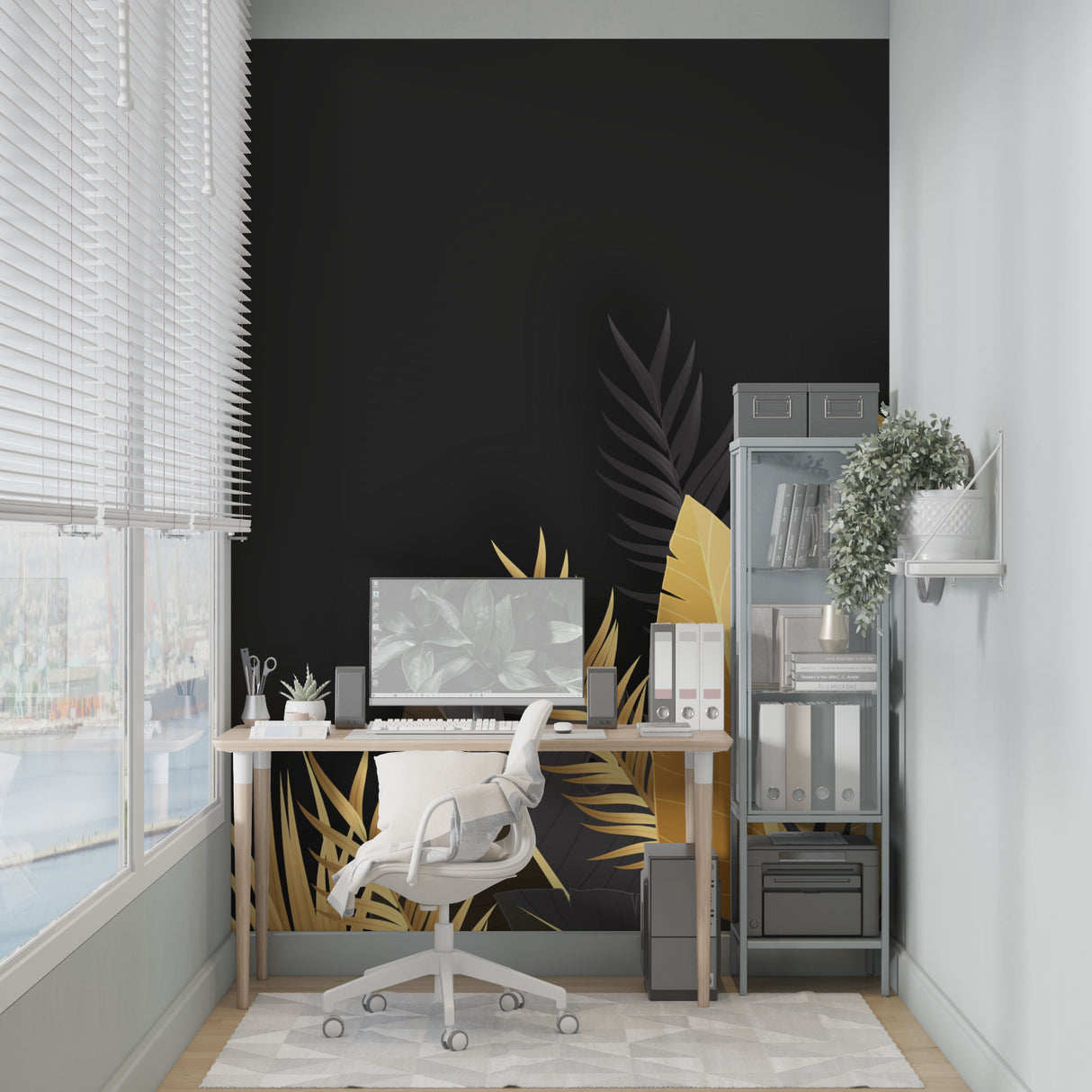 Master bedroom with elegant black and gold tropical leaf wall mural