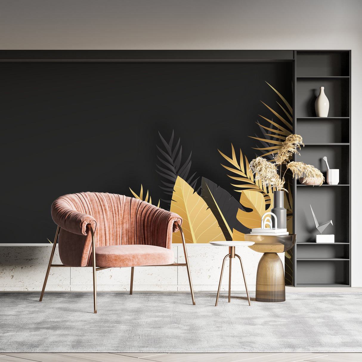 Home office space with dramatic black and gold palm leaf wallpaper