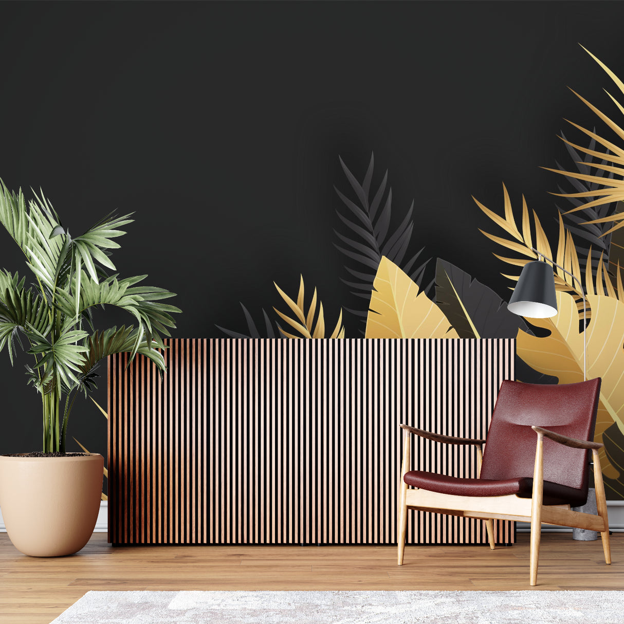 Bathroom accent wall with tropical palm leaf mural in black and gold