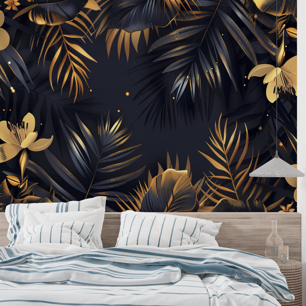Black and gold palm wallpaper displayed in master bedroom with evening lighting