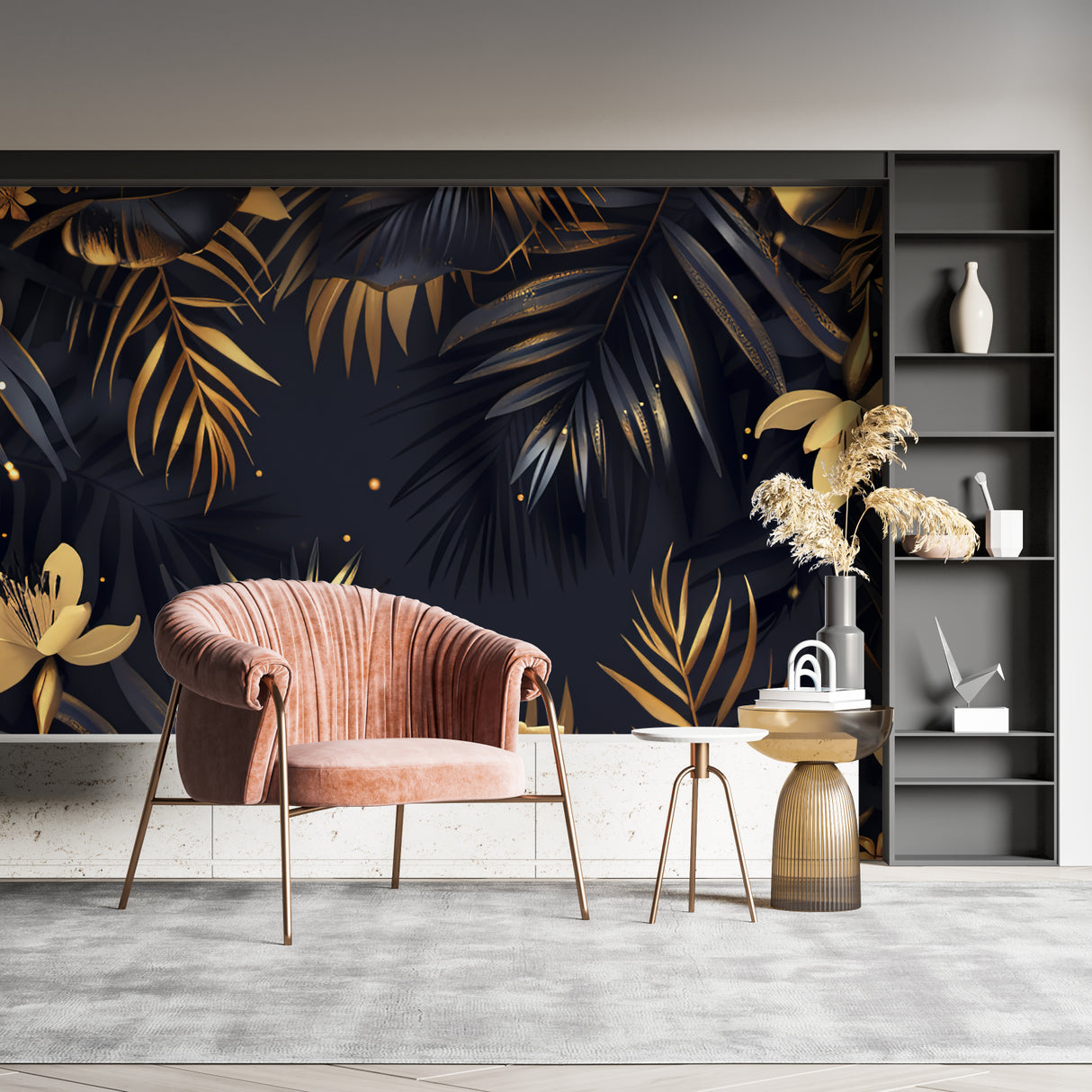 Elegant dining room featuring tropical palm mural wallpaper in black and metallic gold