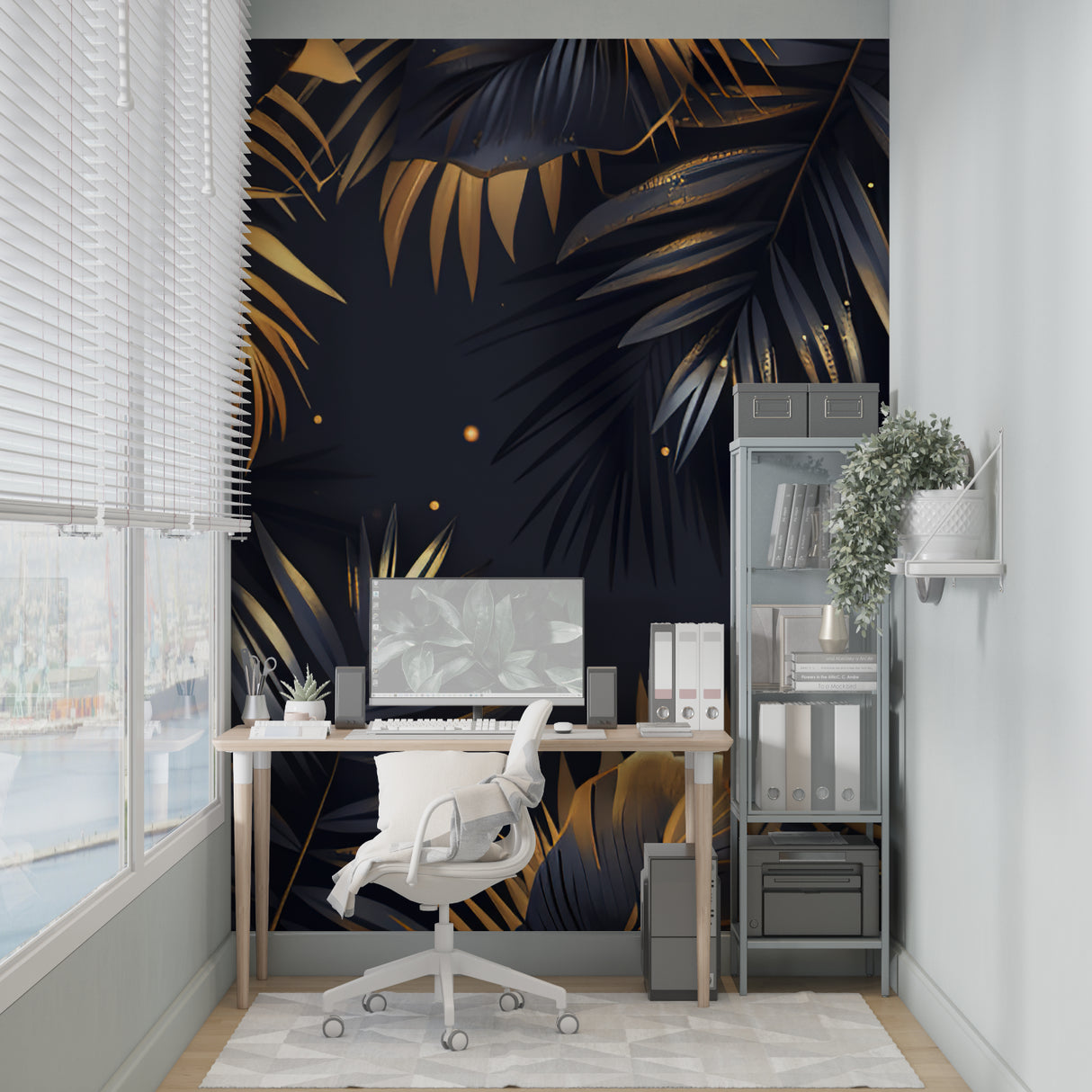 Home office space with black and gold tropical leaf wallpaper creating professional ambiance