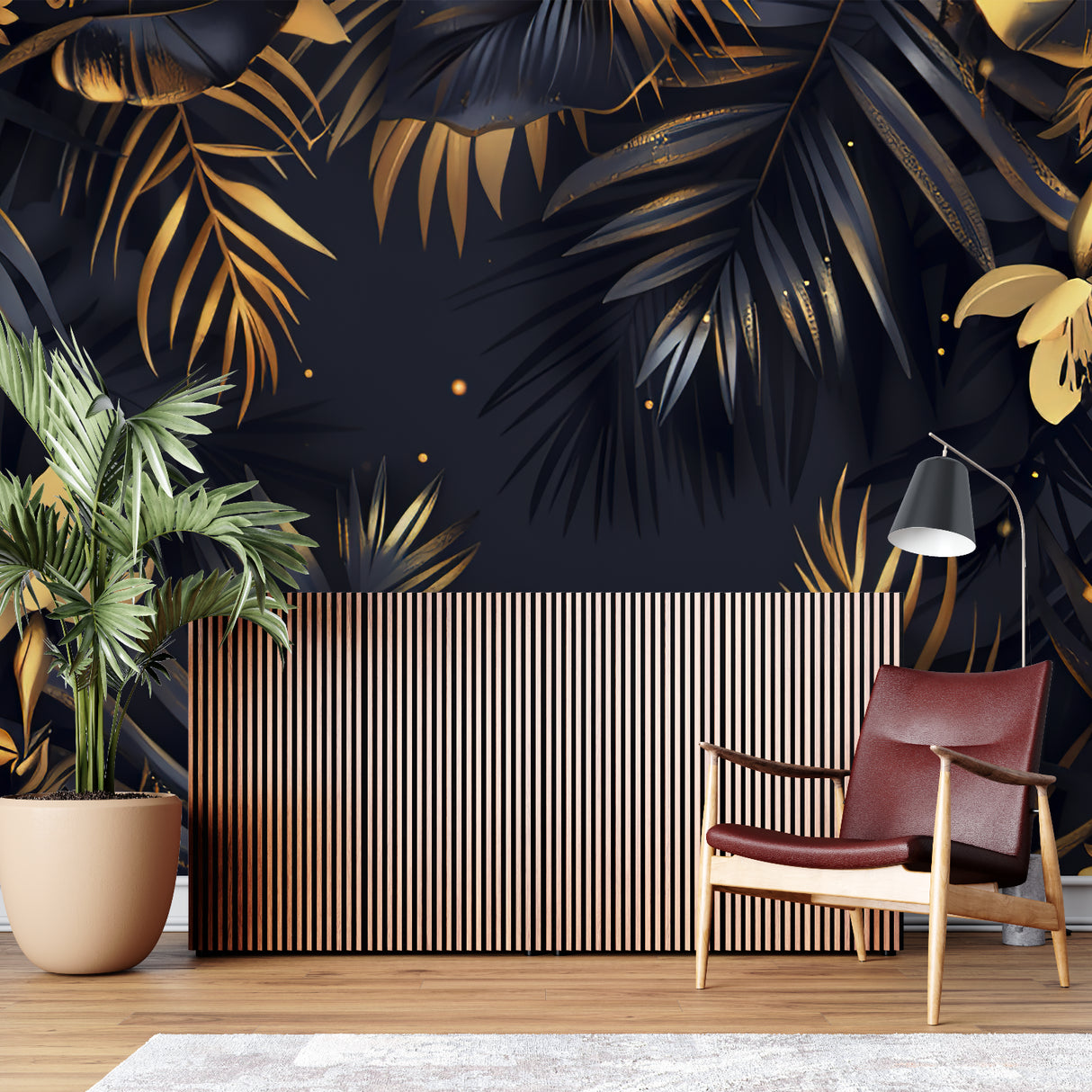 Luxury hotel lobby showcasing palm leaf mural wallpaper in black and gold finish