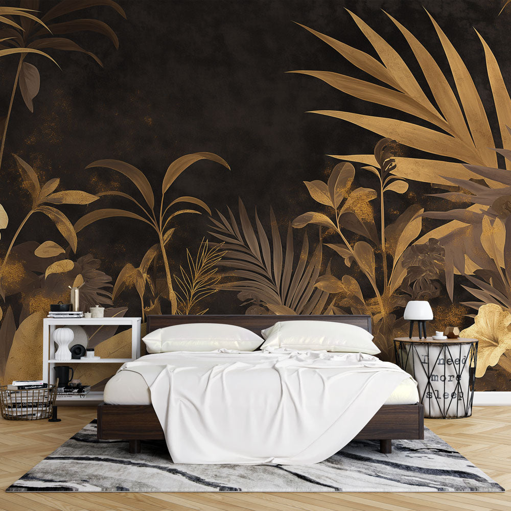 Tropical black and gold palm leaf wallpaper in modern dining room with ambient lighting showing golden details