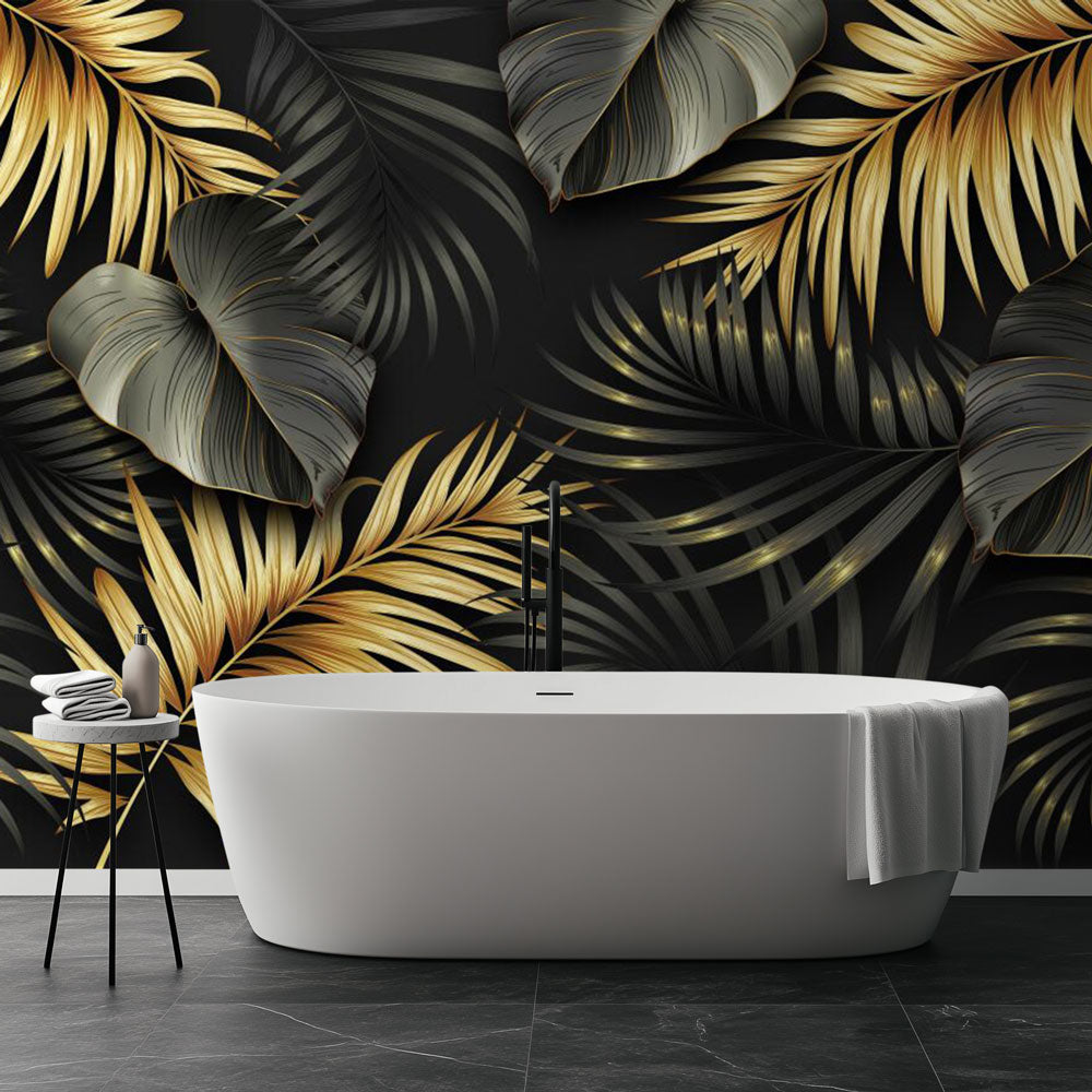 Tropical black and gold palm leaves wallpaper creating luxury atmosphere in modern living room with tall windows