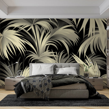 Black and gold tropical palm wallpaper creating drama in a modern dining room with ambient lighting