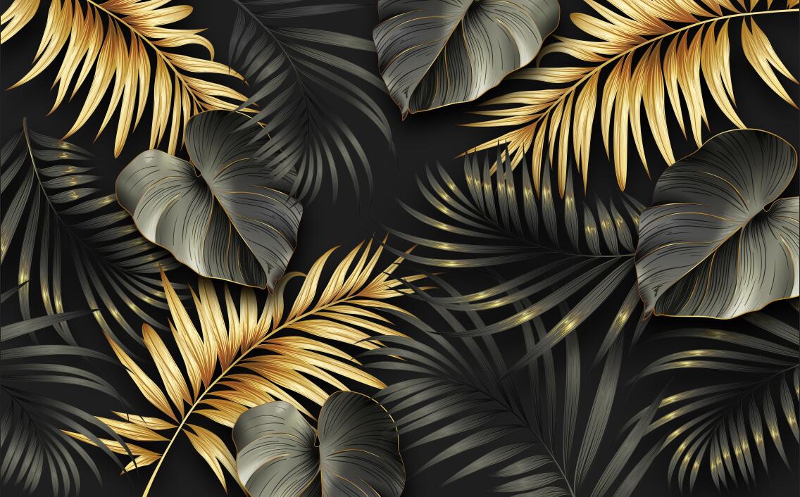 Black and gold palm leaves wallpaper design file showing intricate metallic botanical pattern