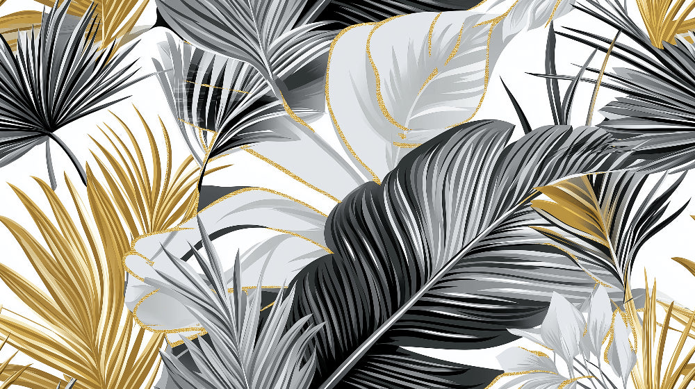 Black and gold palm leaves design file showing intricate tropical pattern and metallic details