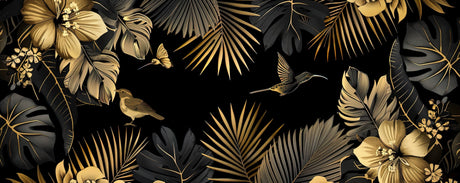 Design file showing intricate details of gold palm leaves and hummingbirds on black background