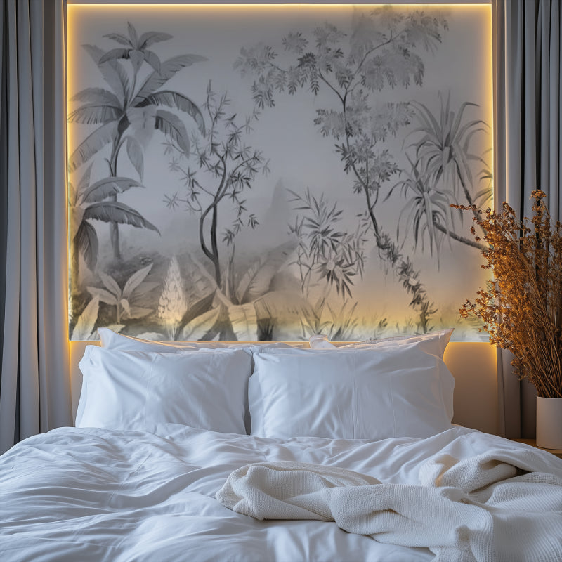 Monochrome jungle mural in minimalist bedroom with natural light