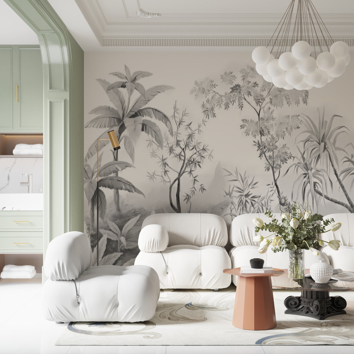 Black and white bamboo wallpaper in contemporary dining room setting