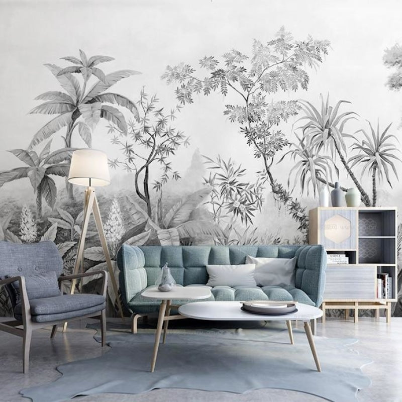 Tropical forest wallpaper adding drama to home office space