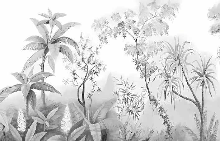 Black and white tropical bamboo jungle wallpaper design file showing intricate leaf patterns