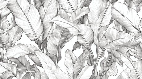 Black and white tropical leaf wallpaper creating drama in a modern living room with high ceilings